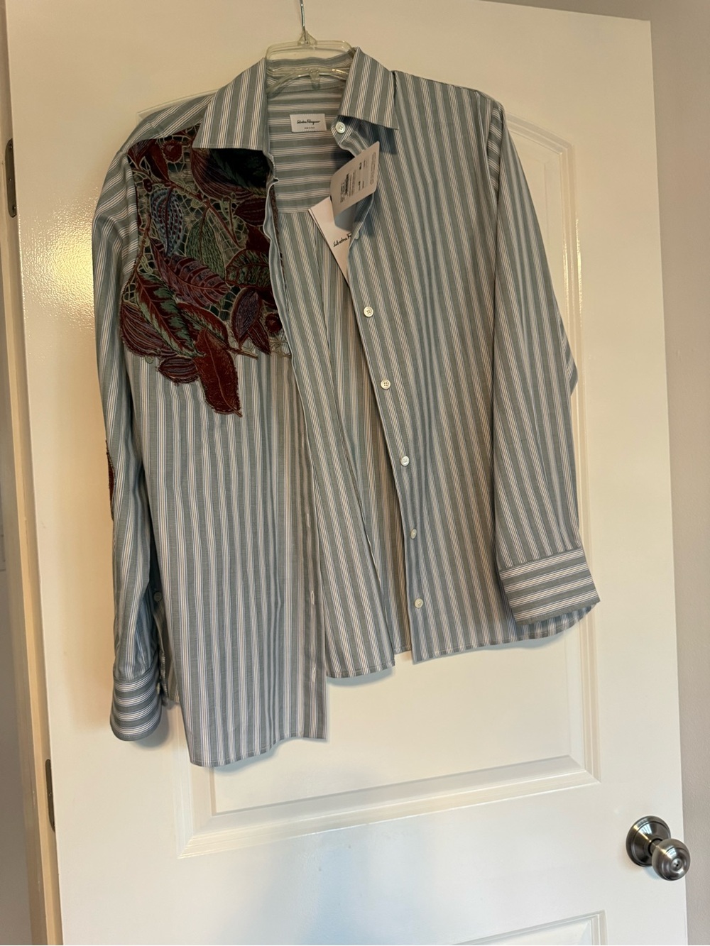 Striped Blue & White Womens Button-Up Shirt with Embroidered Detail